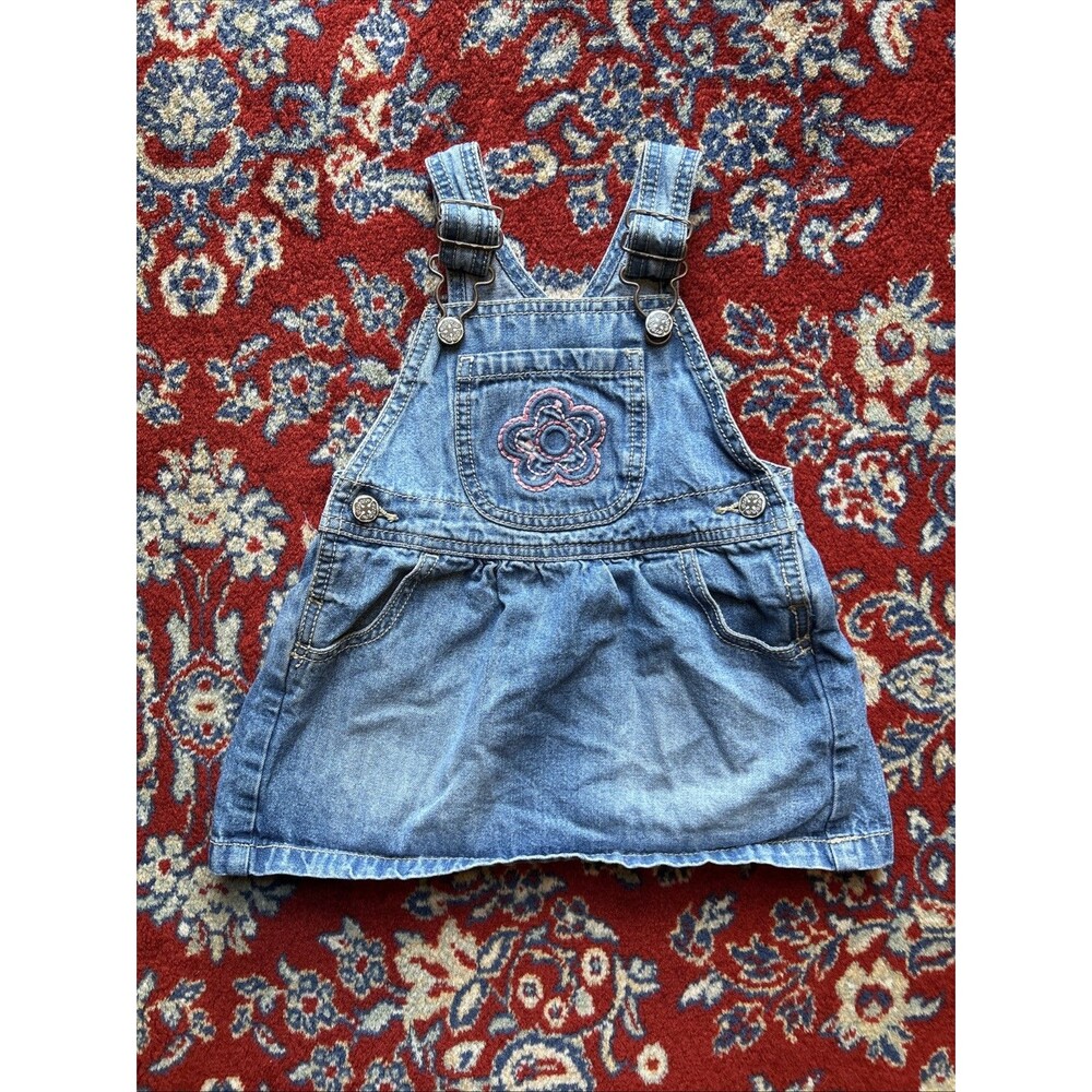 Girls Vintage Y2K Oshkosh Denim Dress Embroidered Flowers 24 Months